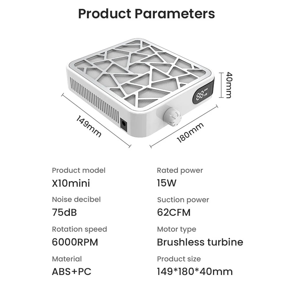 Mini Brushless Turbo Nail Dust Machine HD Display Adjustable Speed Portable Rechargeable Vacuum Cleaner for Manicure Lower Noise