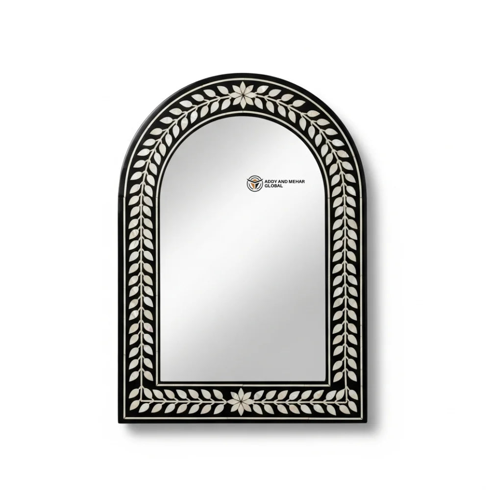 Black & White Leaf Pattern Art Deco MOP Inlay Rectangular MDF Mirror Handmade Eco-Friendly Luxury Wedding Wall Decor