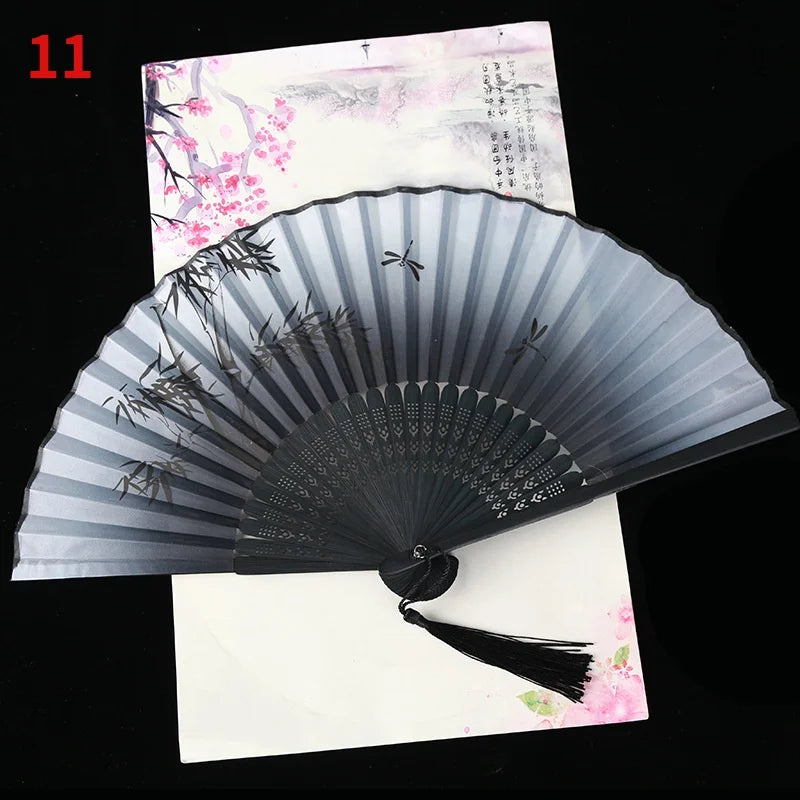 1Pc Vintage Silk Folding Fan Retro Chinese Japanese Bamboo Folding Fan Tassel Dance Hand Fan Home Decoration Ornament Craft Gift