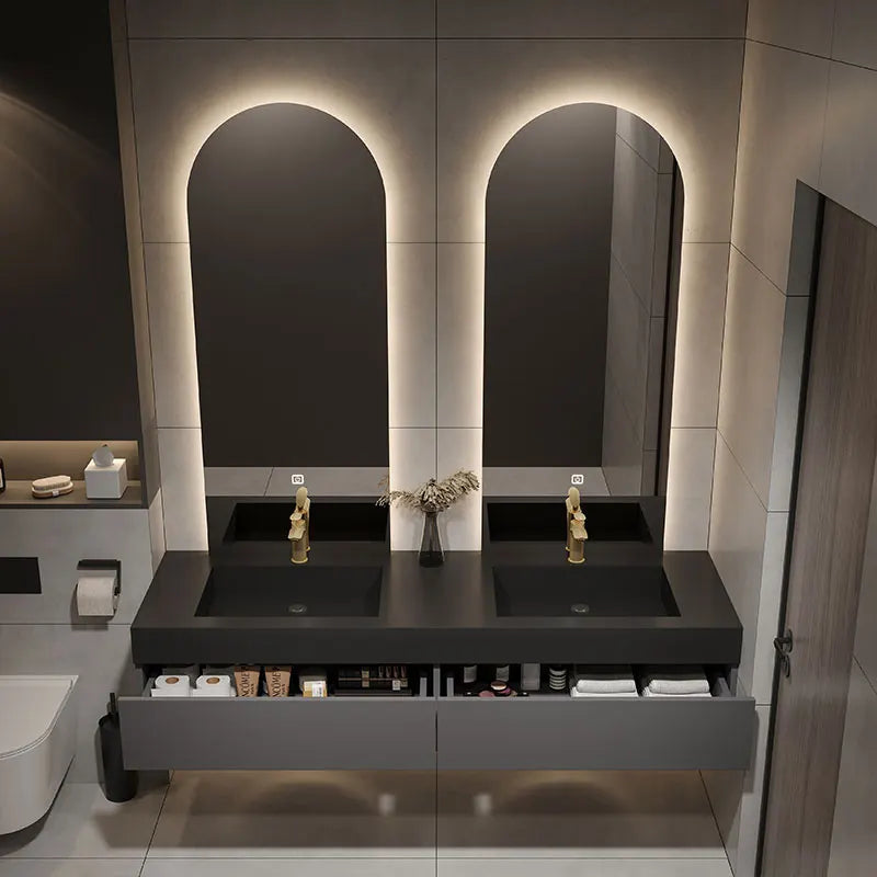 Designer Customized High-end Villa Light Luxury Rock Slab Integrated Basin Bathroom Cabinet Combination Double Mirror Wash