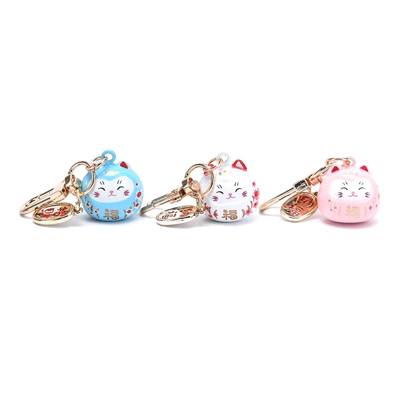 New Japanese Cute Lucky Cat Bell KeyChains Car Bag Decor Water Sound Bell Pendant Charm Keys Couple Gifts Keyring Pray Keyfob