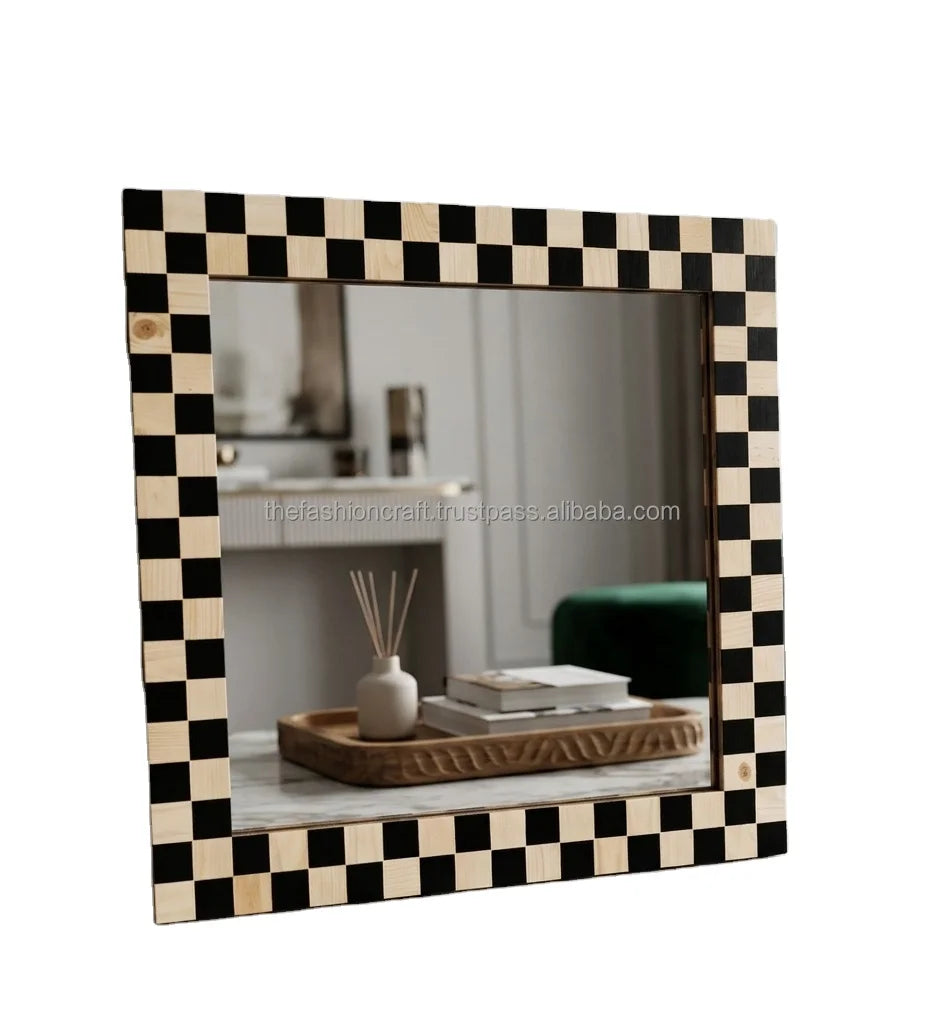 Premium Handmade Custom Chess Design Modern Eco-Friendly Polished Wedding Square Wood/Resin 18x18 Inch Mirror Wall Art Home
