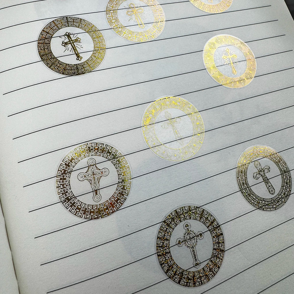 500 Pcs Foil Golden Cross Round Stickers Roll – Elegant Religious Decorative Seals for Scrapbooking, Journals, Planners