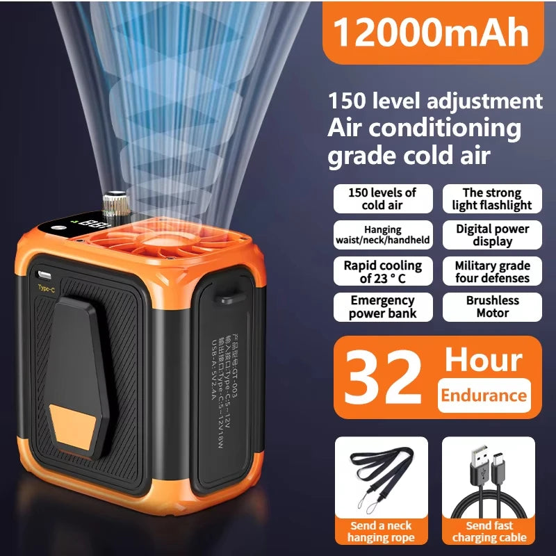 High Speed Waist Hanging Cooling Fan, USB Rechargeable 12000mAh Portable Personal Fan with 150 Levels for Outdoor & Travel