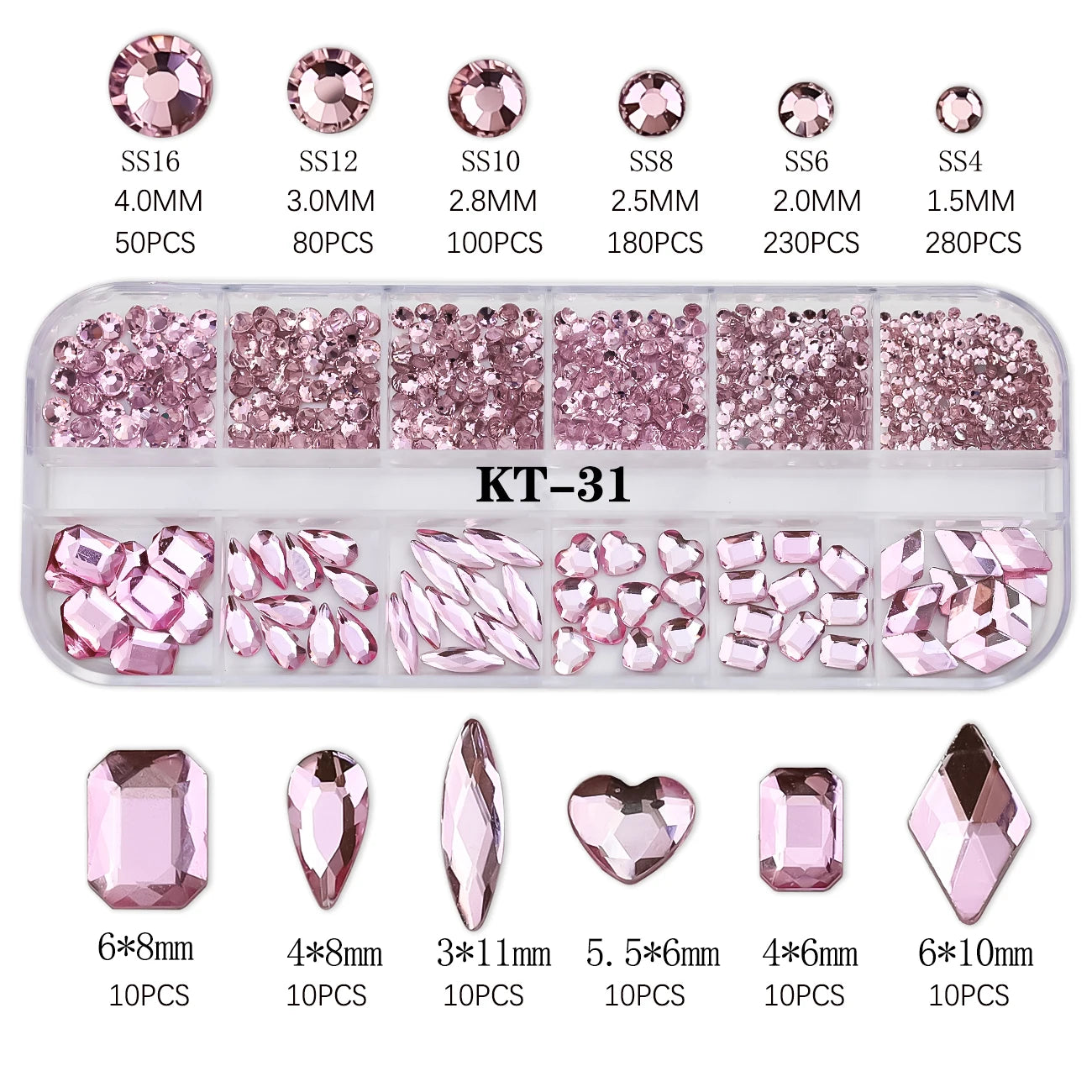 12Grids 3D Pink Nail Art Rhinestones Flatback Glass Gems Stones Nail Art Decorations Luxurious Diamond DIY Manicure Accessories