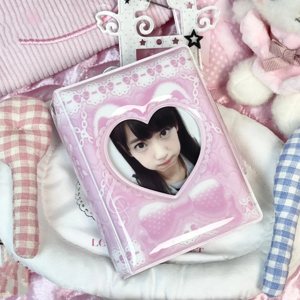 Pink Love Bow Card Album PVC 3 Inch Mini Idol Card Collect Book Collectible Card Album with 16 Internal Pages Photocard Binder