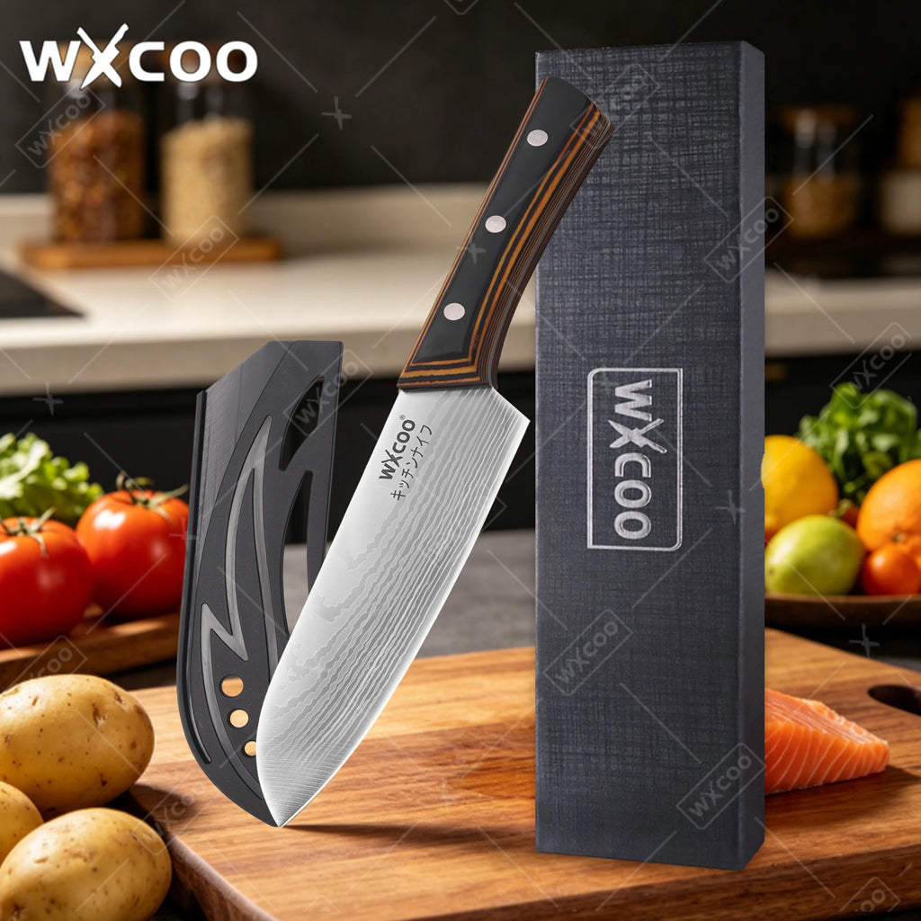 WXCOO 1PCS 7inch Japanese Knife Professional Kitchen Chef Knife for Cooking Kitchen Stainless Steel Santoku Knives Wood Handle