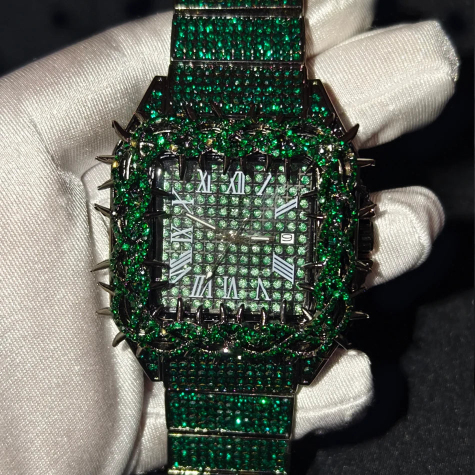 Black Spiked Diamond Quartz Watch Hip Hop Bling Full Crystal Wristwatch Men's Punk Style Daily Wear Jewelry with Gift Box