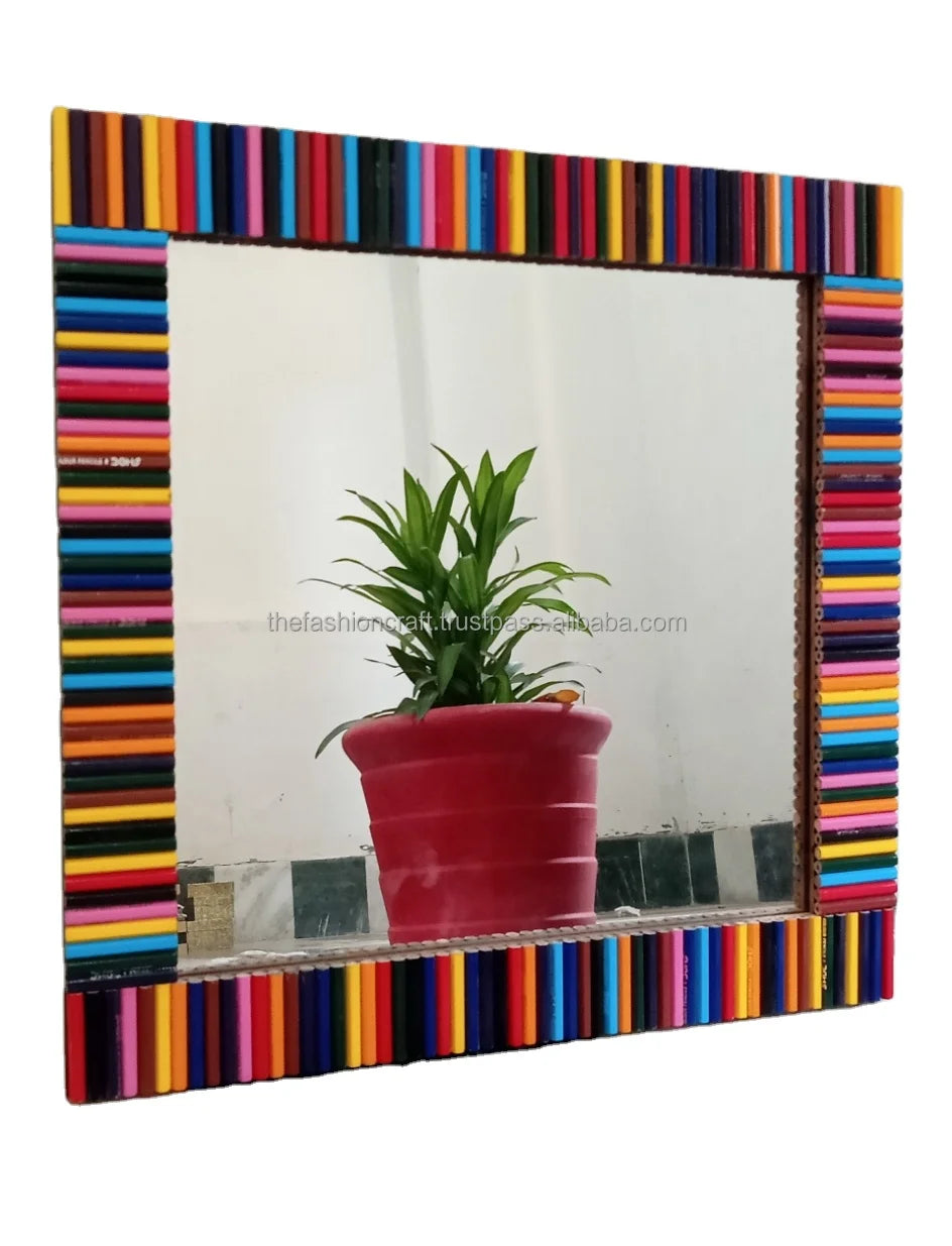 Handmade Modern Eco-Friendly Crayon Pencil Decorative Wall Mirror Custom Luxury 18x18 Inch Square Mirror for Home Decor