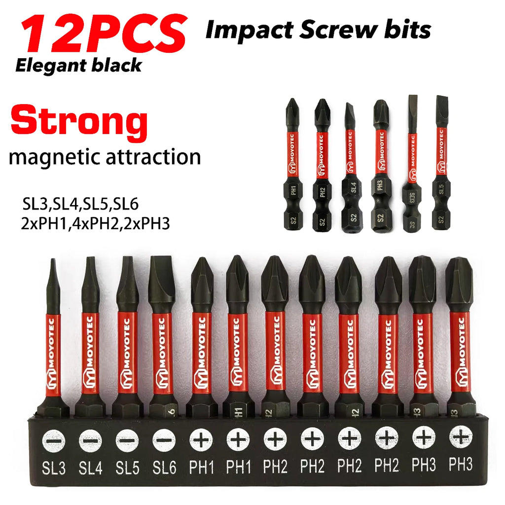 12-Piece S2 Steel Bit Set, Cross/Flat Head, Multiple Sizes, 50mm, Magnetic, Anti-Twist, High Hardness Impact Screwdriver Bits
