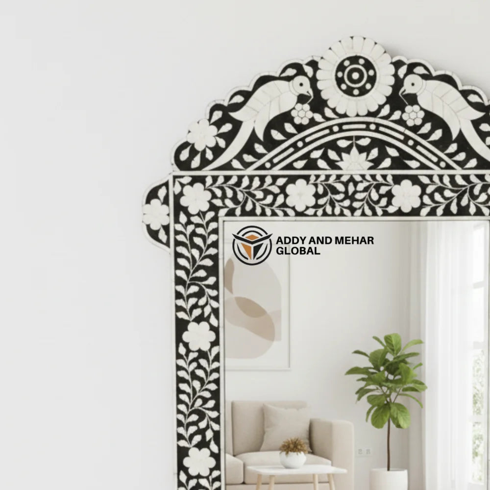 Black in White Bone Inlay Art Deco Eco-Friendly Wedding Wall Mirror Elegant Handcrafted Designer Mirror