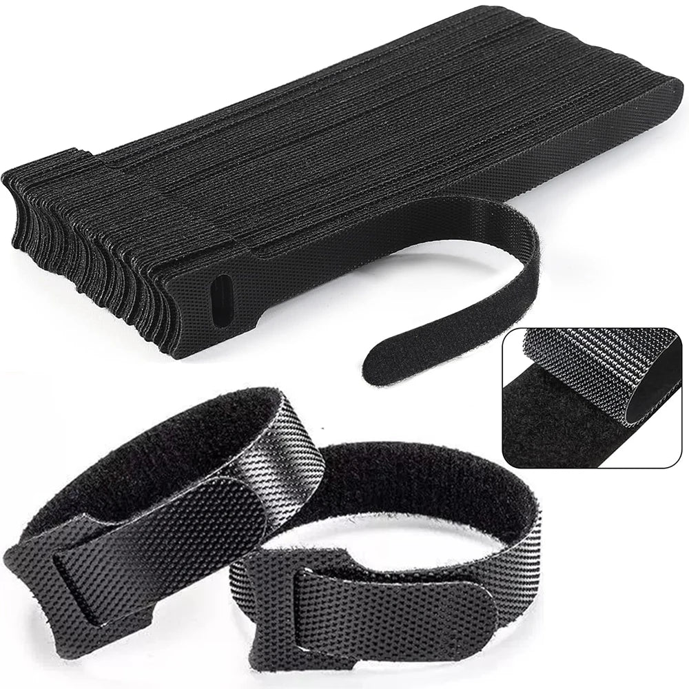 Black Releasable Cable Ties Nylon Loop Hoop Fastener Tape Cord Straps Wire Organizer Multi-Purpose Bundling Wrap Tie