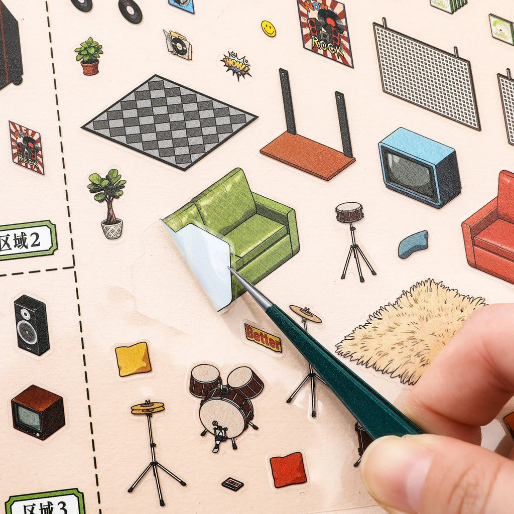 Kawaii  Handmade Shop 3D record store Landscape Sticker  DIY Pocket Cabin Scene festival gift