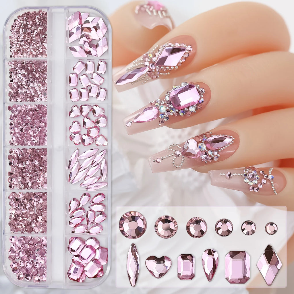 12Grids 3D Pink Nail Art Rhinestones Flatback Glass Gems Stones Nail Art Decorations Luxurious Diamond DIY Manicure Accessories