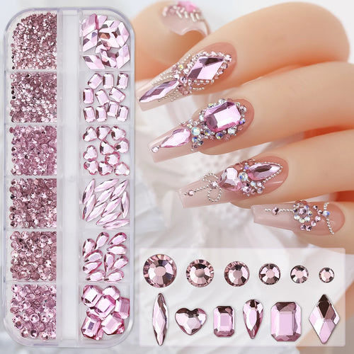 12Grids 3D Pink Nail Art Rhinestones Flatback Glass Gems Stones Nail Art Decorations Luxurious Diamond DIY Manicure Accessories