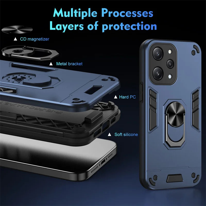 Funda For Xiaomi Redmi 12 4G 5G Case Camera Protect Armor Shockproof Phone Case For Redmy 12 Redmi12 Magnetic Holder Ring Cover