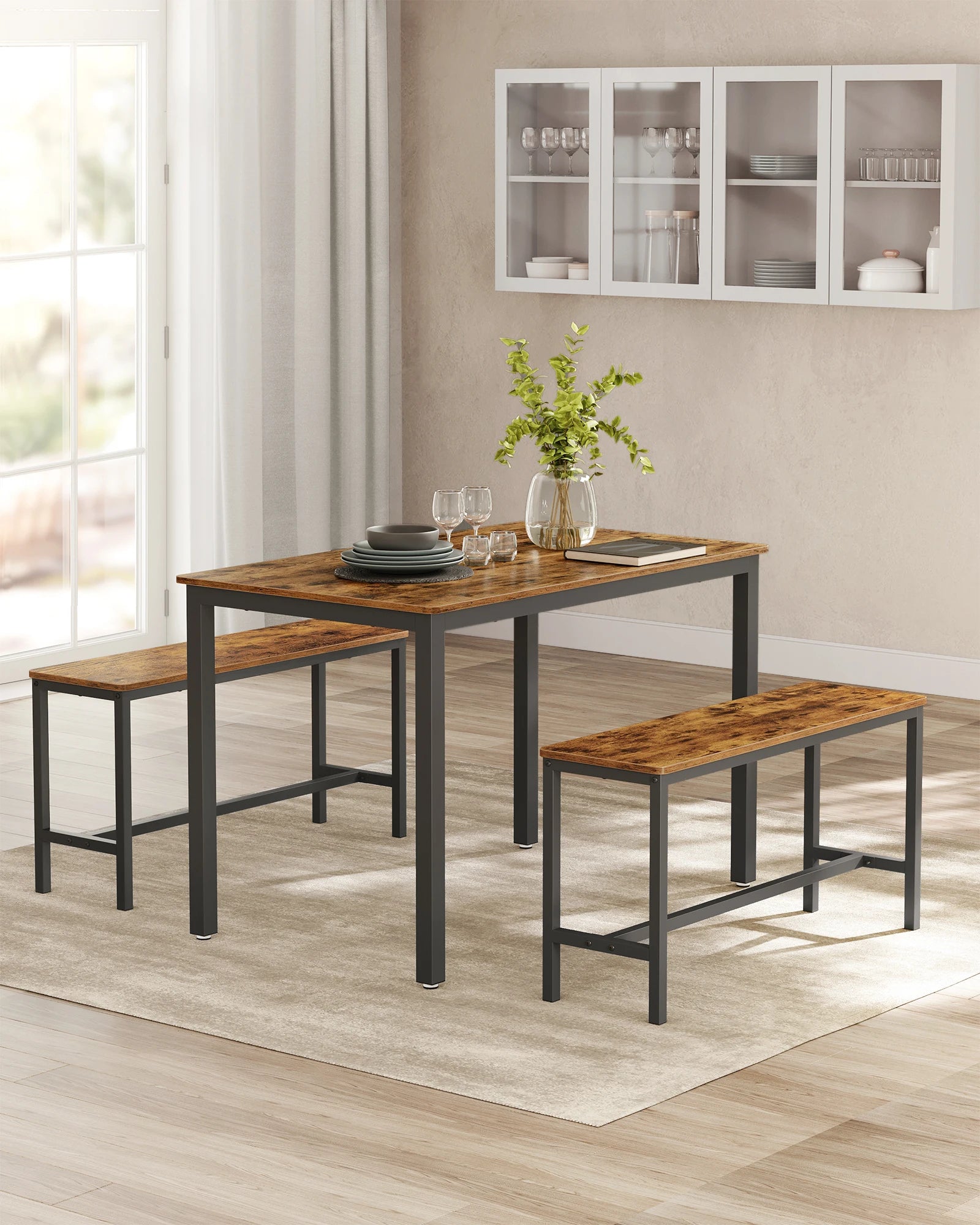 VASAGLE Dining Table with 2 Benches, 3 Piece Set, Kitchen Table of 70 x 110 x 75 cm, 2 Benches of 30 x 97 x 50 cm Each