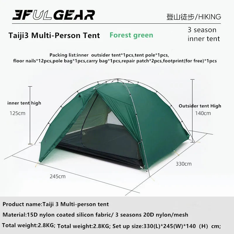 3F UL Gear Taiji3 Ultralight Tent 3/4 Season Portable Backpacking Tent for Multi person Double Layer Tent for Camping, Climbing