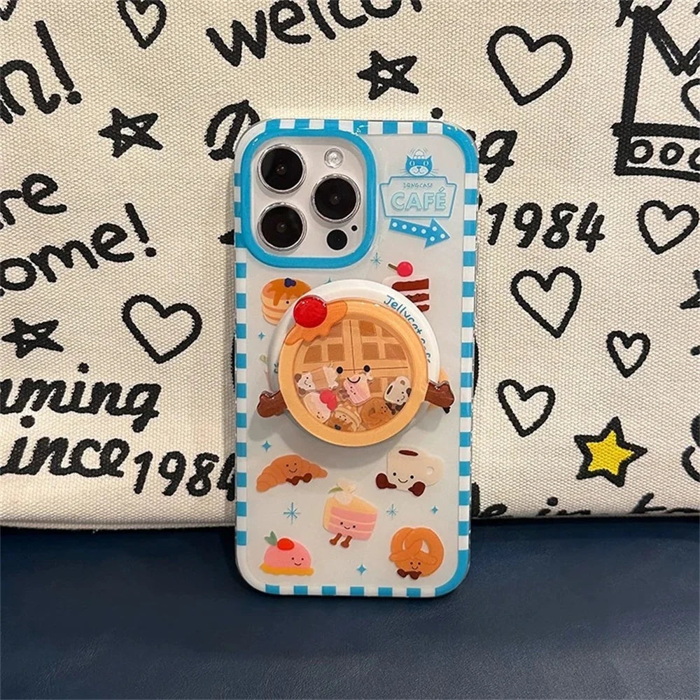 Cute Cartoon Cake Bread Magsafe Wireless Charge Case For iPhone 13 14 15 16 17Pro Max Plus 3d Funny Waffle Shake Magnetic Holder