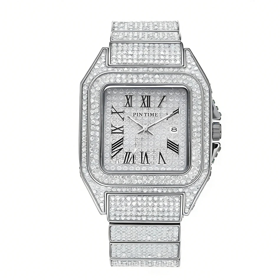 Black Spiked Diamond Quartz Watch Hip Hop Bling Full Crystal Wristwatch Men's Punk Style Daily Wear Jewelry with Gift Box