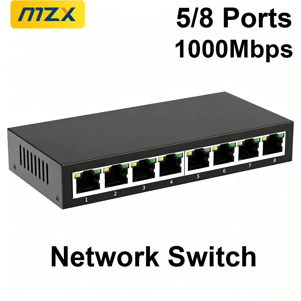 MZX Gigabit Network Switch 5 8 Ports 1000Mbps Networking Switcher RJ45 Hub Ethernet Stable Smart Internet Laptop PC Accessories