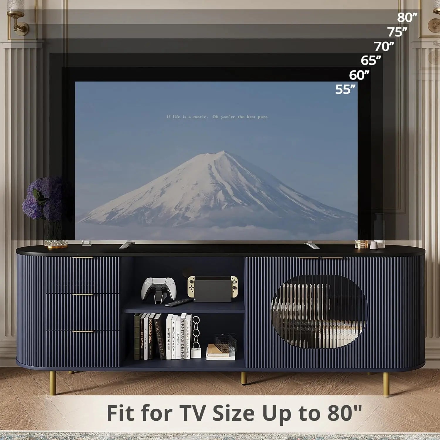 69" Fluted TV Stand Storage Console 3 Drawers & Doors Faux Marble Top Blue Customized