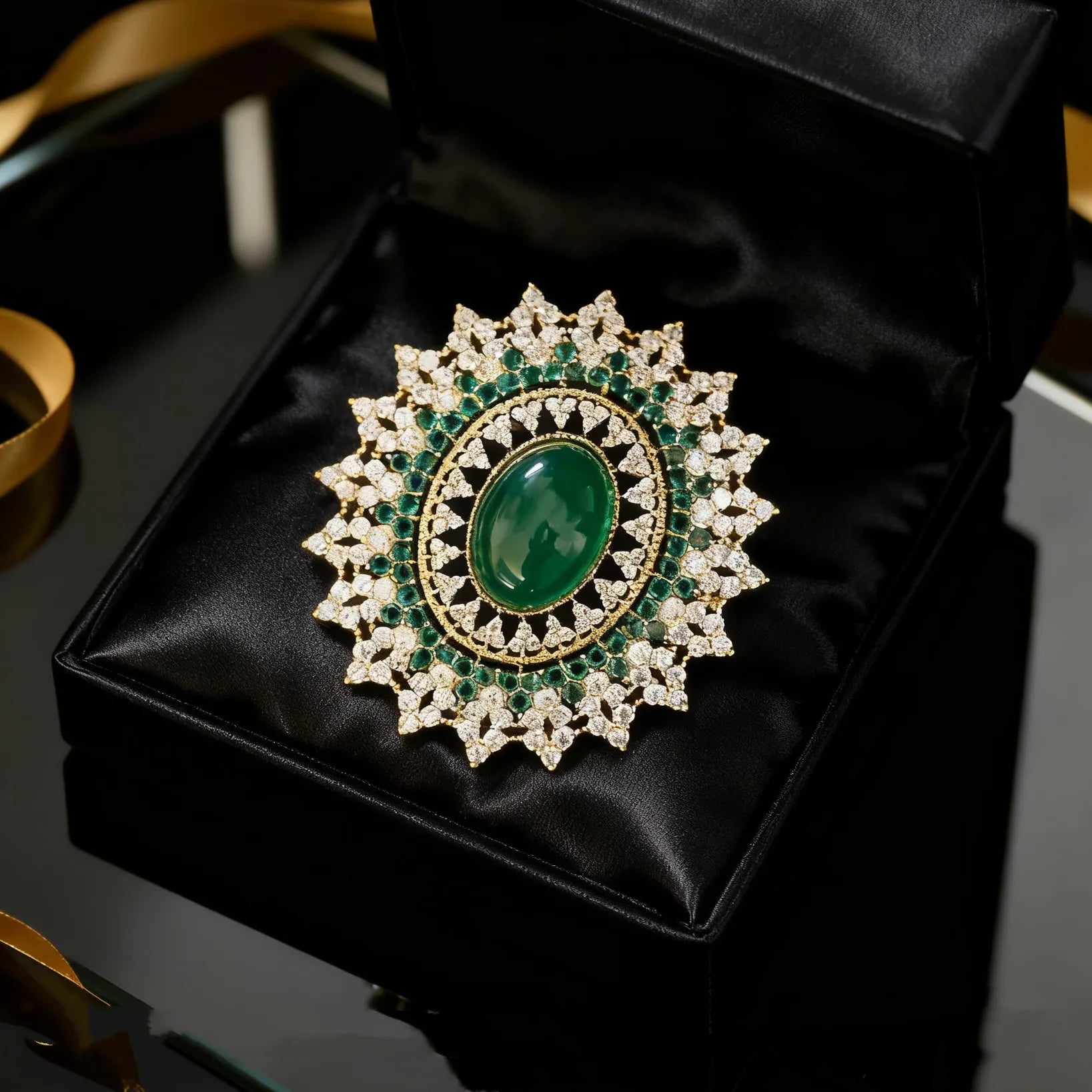 Vintage Emerald Oval Sunflower Brooch for Women Green Crystal Sunburst Lapel Pins Floral Design Wedding Party Art Deco Jewelry