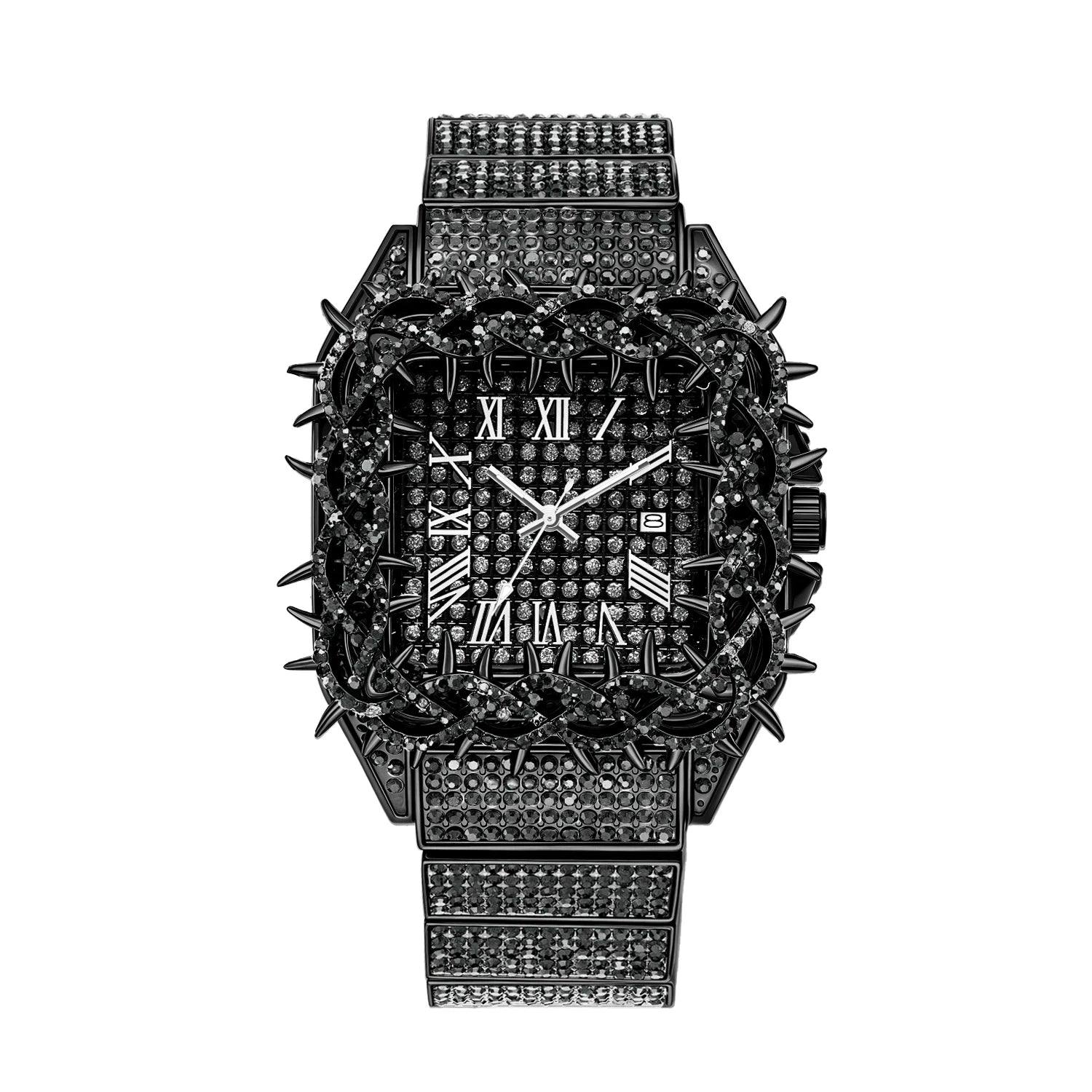 Black Spiked Diamond Quartz Watch Hip Hop Bling Full Crystal Wristwatch Men's Punk Style Daily Wear Jewelry with Gift Box