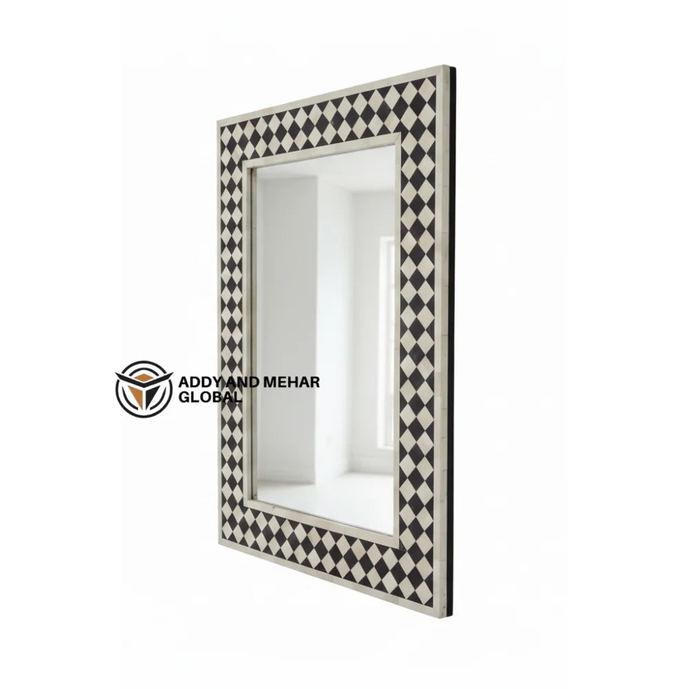 Handcrafted Black & White MDF Inlay Art Deco Eco-Friendly Decorative Geometric Pattern Square Wall Mirror