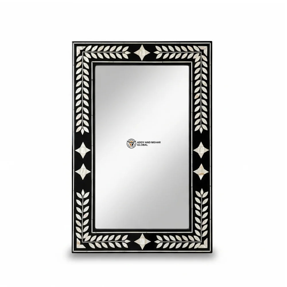 Handcrafted Black Square Art Deco Wall Mirror with Exquisite Mother of Pearl Laurel Inlay Geometric Detailing for Wedding Decor