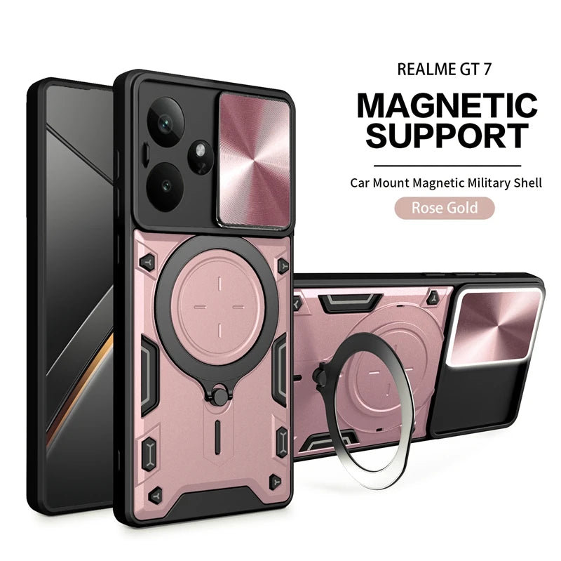 For Realme GT7 5G Case Armor Slide Camera Lens Protect Back Cover For OPPO Realme GT7 GT 7 RealmeGT7 Magnetic Holder Ring Funda