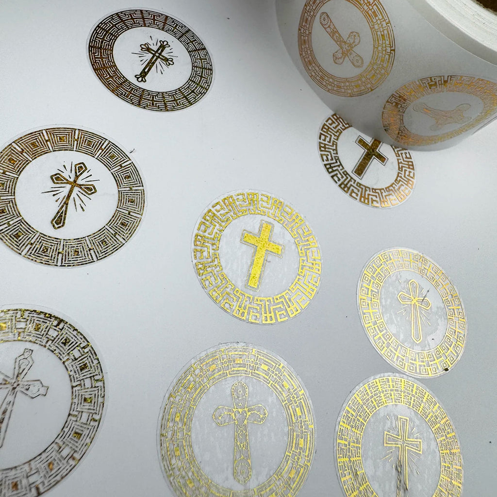 500 Pcs Foil Golden Cross Round Stickers Roll – Elegant Religious Decorative Seals for Scrapbooking, Journals, Planners