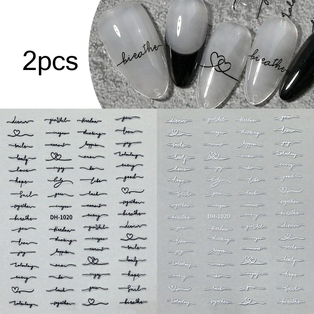 2pcs English Letter Vintage 3D Nail Art Stickers Love Letter Alphabet Vintage Gold Silver Black White Nail Decals DIY Manicures