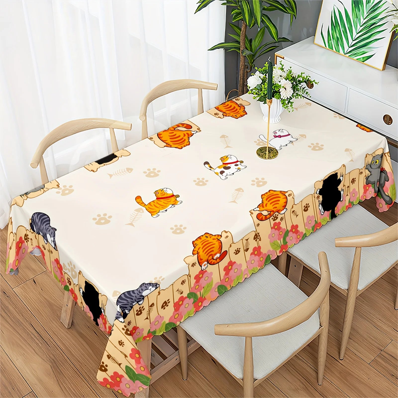 Cute Cat & Kitten Paw Print Tablecloth, Pet Theme Table Cover for Kitchen Dining Room Patio Picni