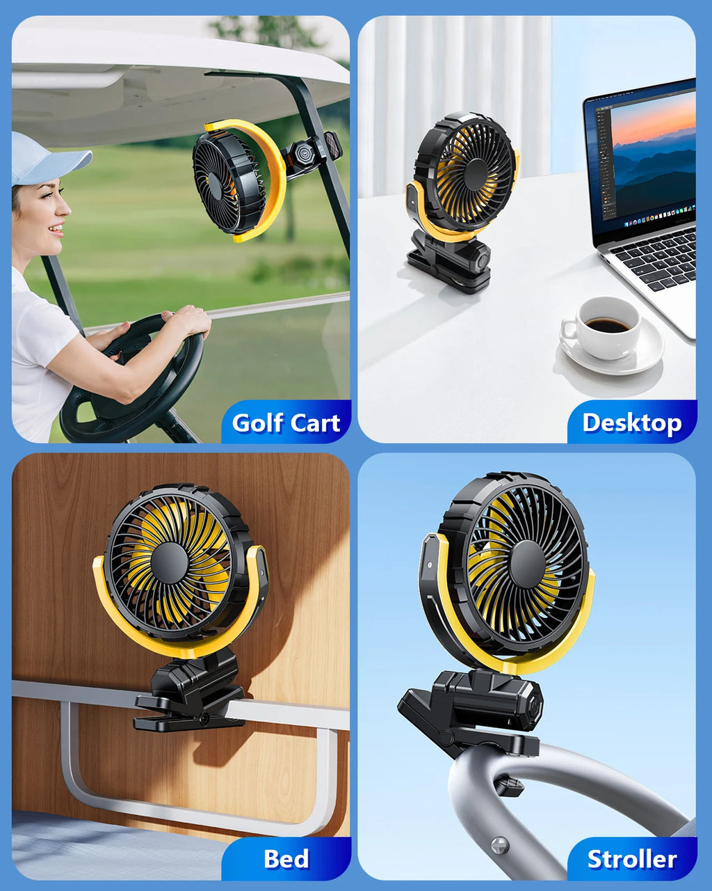 Eary Portable Car Clip On Fan Battery Operated 3 Speed Wind 900 Rotate Quiet Small Air Cooling Fan For Desk Camping Stroller Fan