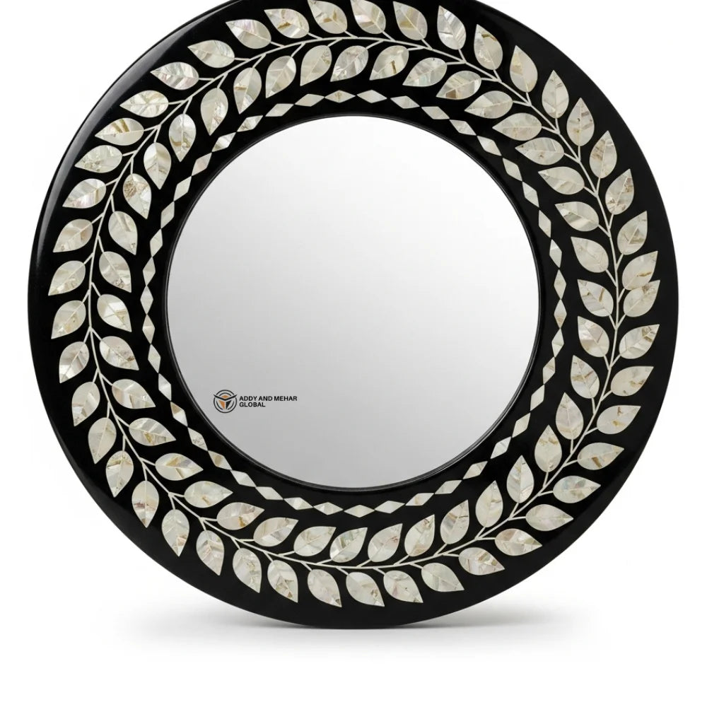 Artisan-Crafted Eco-Friendly Square Art Deco Wall Mirror with Intricate Ivory Vine Inlay on Deep Black Frame for Wedding Decor