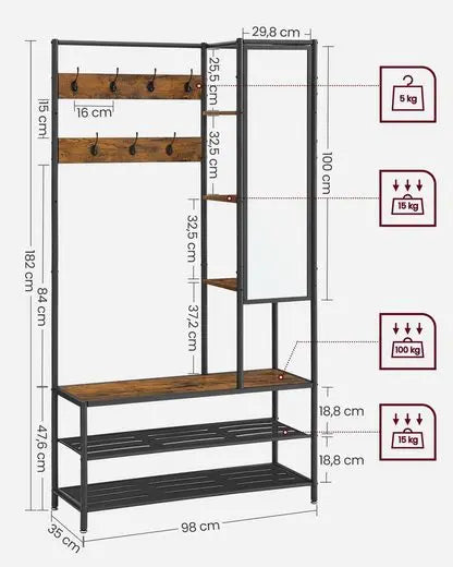 VASAGLE coat rack wardrobe, with shoe bench, 35x98x182 cm
