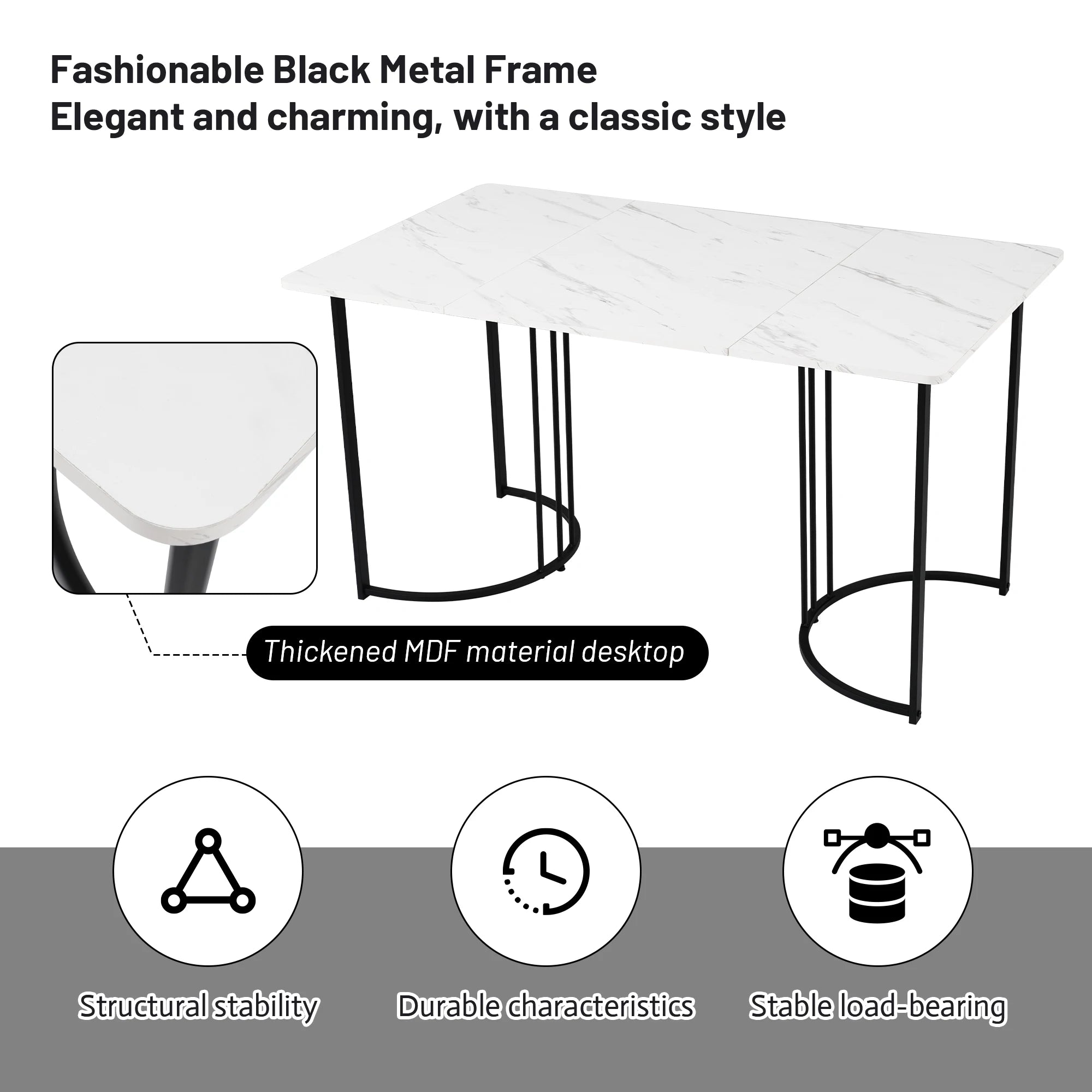 Anajqaqia 140×80×75 cm Dining Table, Modern Kitchen Dining Table, Metal Frame, Rectangular Dining Table with Adjustable Feet