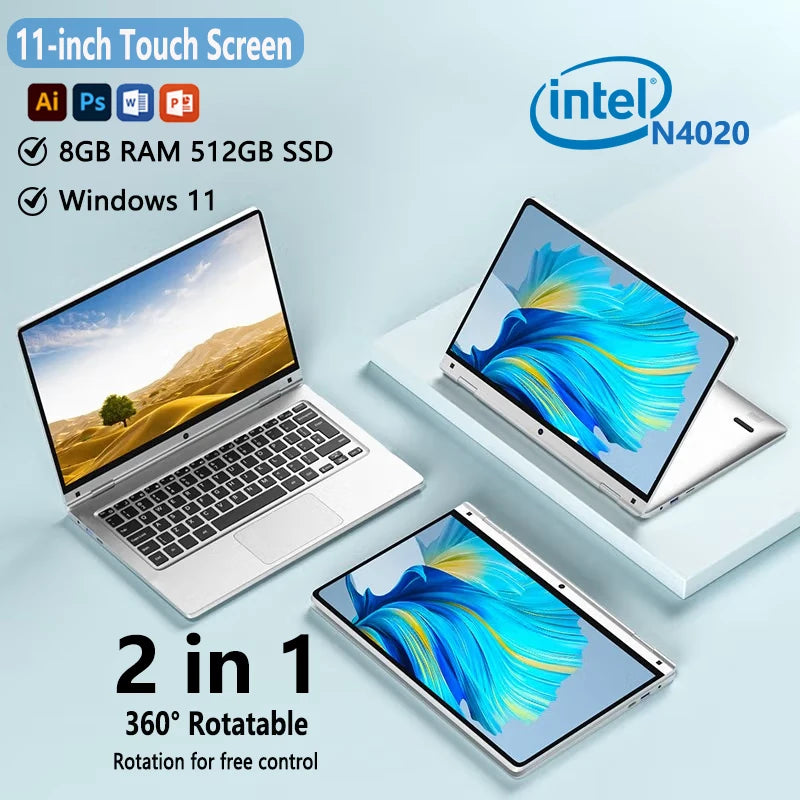 Portable 2 in 1 mini Laptop Computer  Touch Screen 11.6" Intel N4020 8GB 512GB Windows 11 Pro Office Learning Tablet PC Notebook