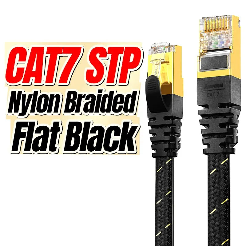 AMPCOM CAT7 Ethernet Cable Flat Lan Cable SFTP Round RJ45 Network Cable Cat 7 Internet Cord for Router Modem PC PS4 Patch Cable