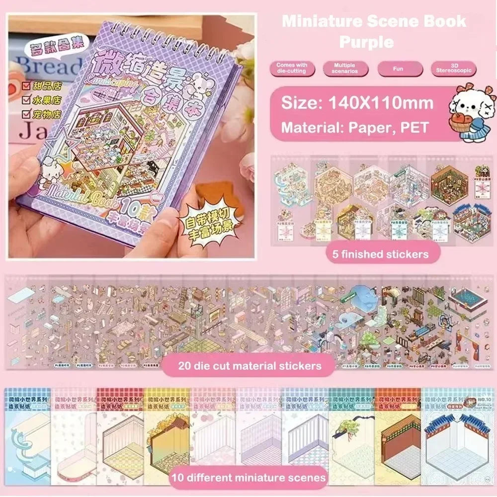 New Cartoon 3D Landscape Sticker Book Three-dimensional DIY Cabin Scene Pocket Sticker Miniature Scene Book Student Kid Child