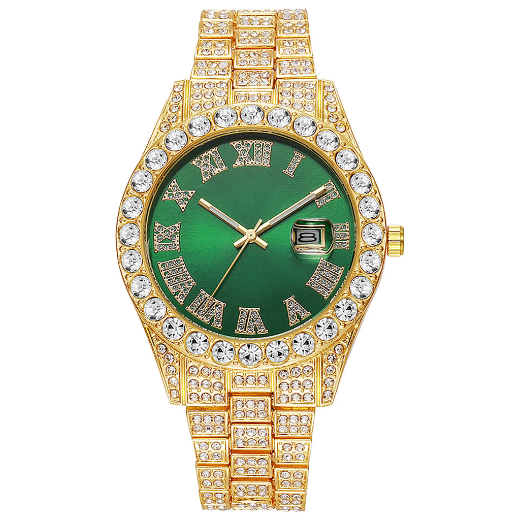 Stainless Steel Men's Watch Full Diamond Gold Quartz Watch Personality Hip-hop Feng Shui Ghost Roman Diamond Inlaid Men's Watch