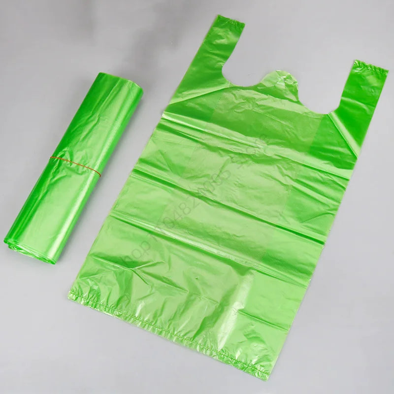 100Pcs Green Plastic Bag Disposable Vest Bag with Handle Kitchen Living Room Clean Food Packaging Supermarket Shopping Bag