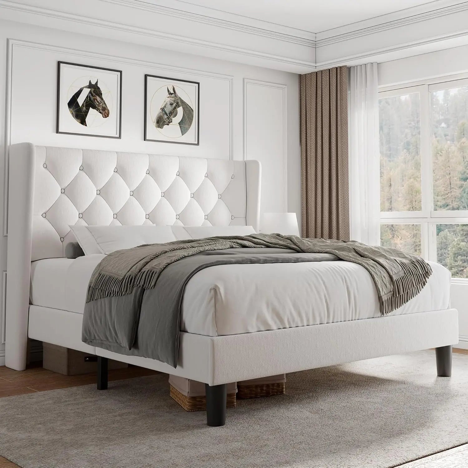 Queen Velvet Platform Bed Button Tufted Upholstered Frame Wooden Slats 8" Underbed Storage No Box Spring Noise Free Easy Assembl