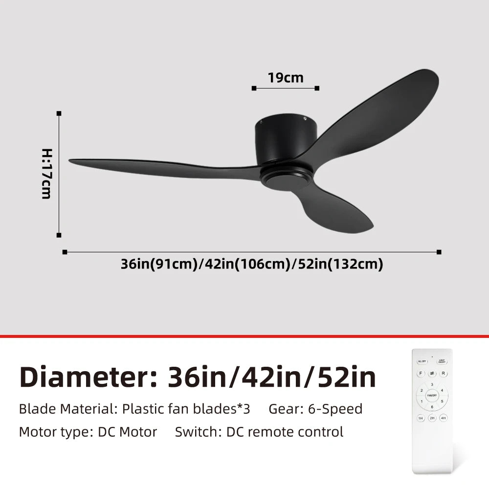 FUMANJIA Ultra-Thin DC Ceiling Fan with Remote - 6-Speed Silent, 3 ABS Blades, Ideal for Low Ceilings & Minim Spaces（No Light）