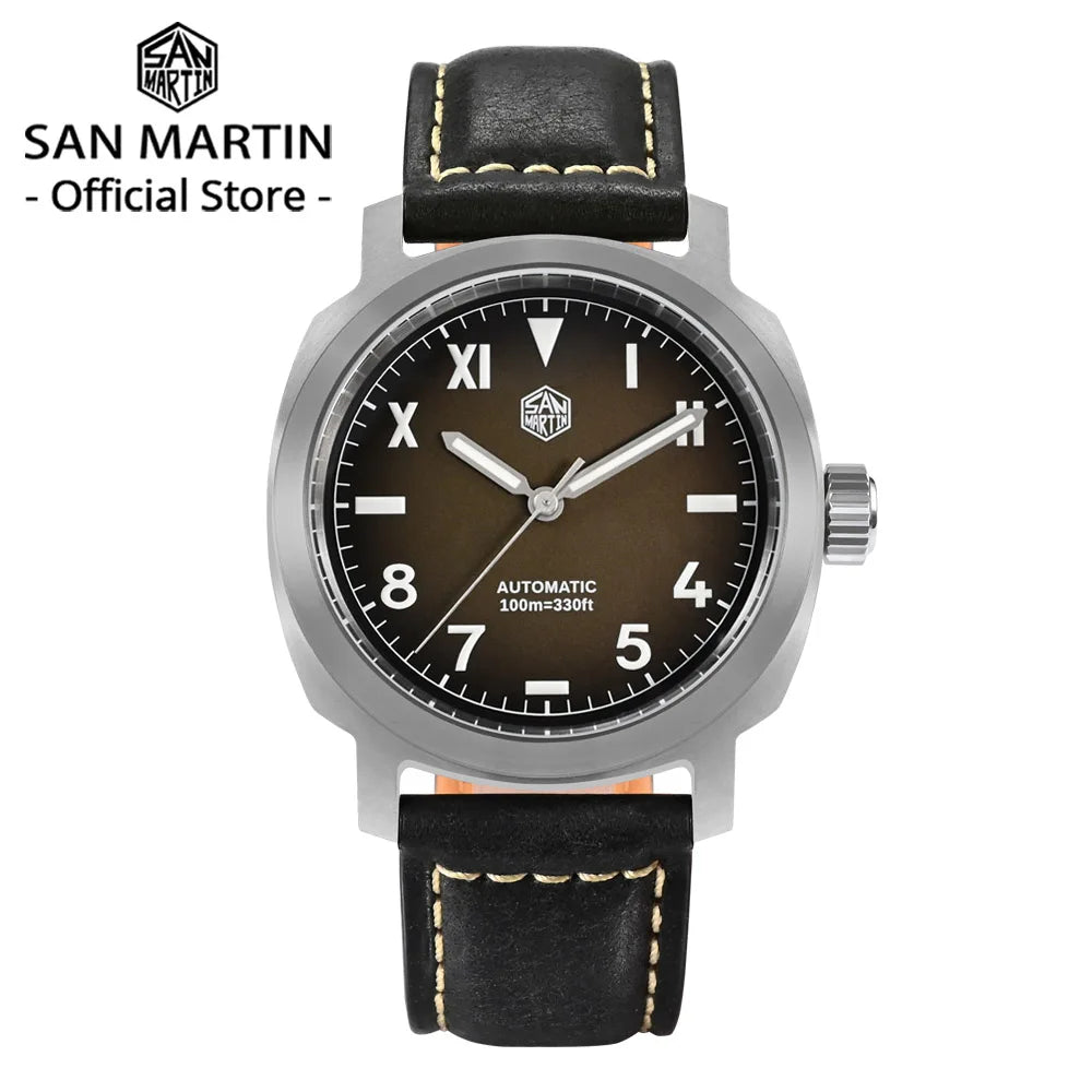 San Martin Men Watch 40mm YN55 Gradient Brown Dial Vintage Simple Automatic Mechanical 10 Bar BGW-9 Quick Release Leather Strap