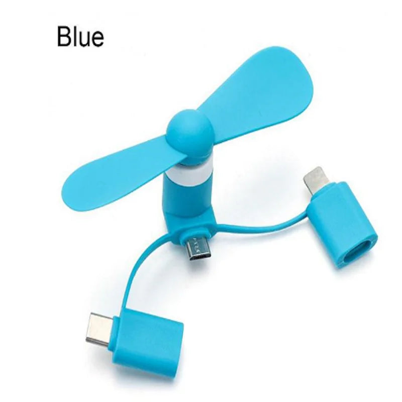 Cell Phone Fan 3-in-1 Mobile Phone Fans Compatible with iPhone/iPad/Android Smartphone/Tablet Fit for Micro USB/Type C/Lightning