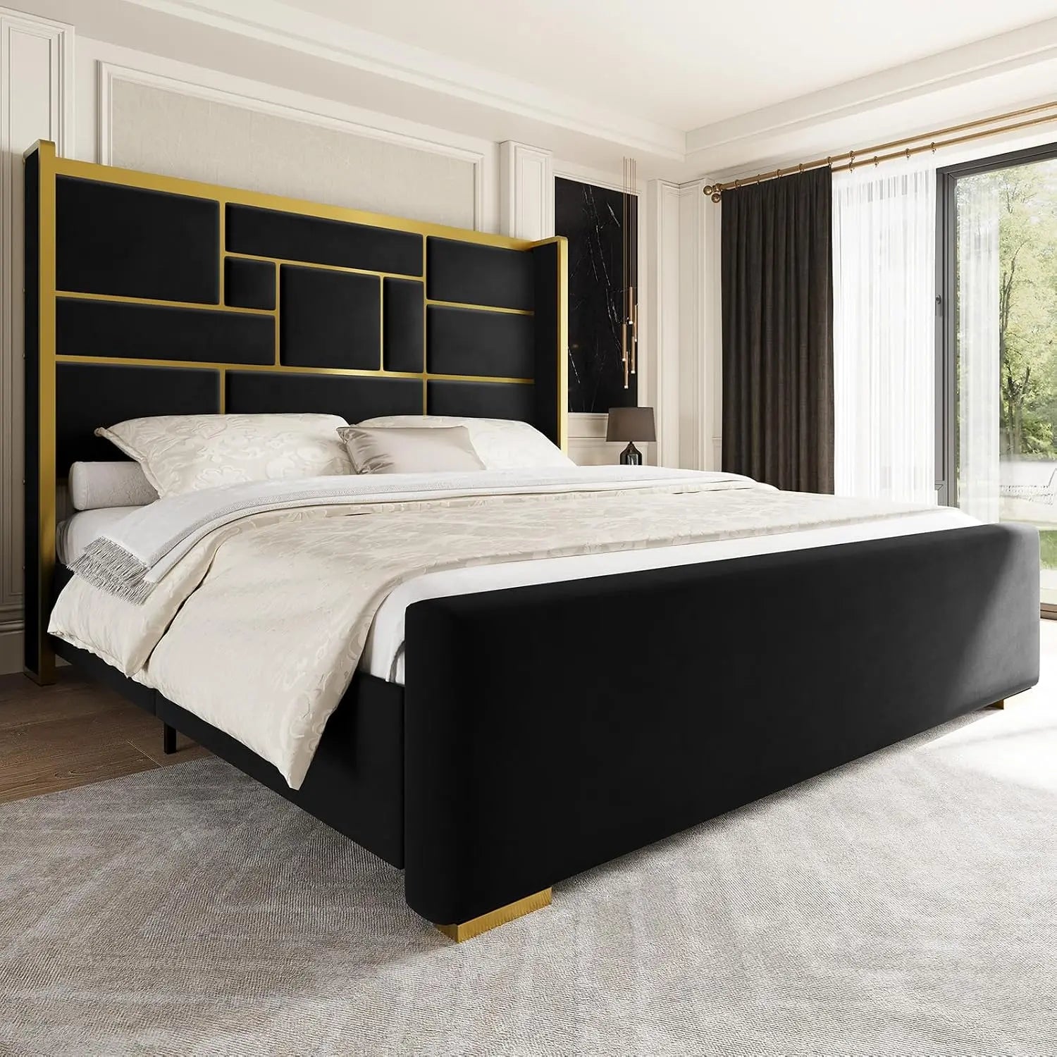 Bed Frame with 55.12" Tall Headboard, Modern Luxury Velvet Upholstered Platform Bed with Gold Trim, Wide Wingback, Custom