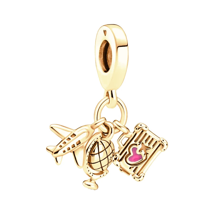 Gold Plated CZ Charms Fit Original Bracelet 925 Sterling Silver Core Heart Star Flower Dangle Beads Luxury DIY Jewelry Gift