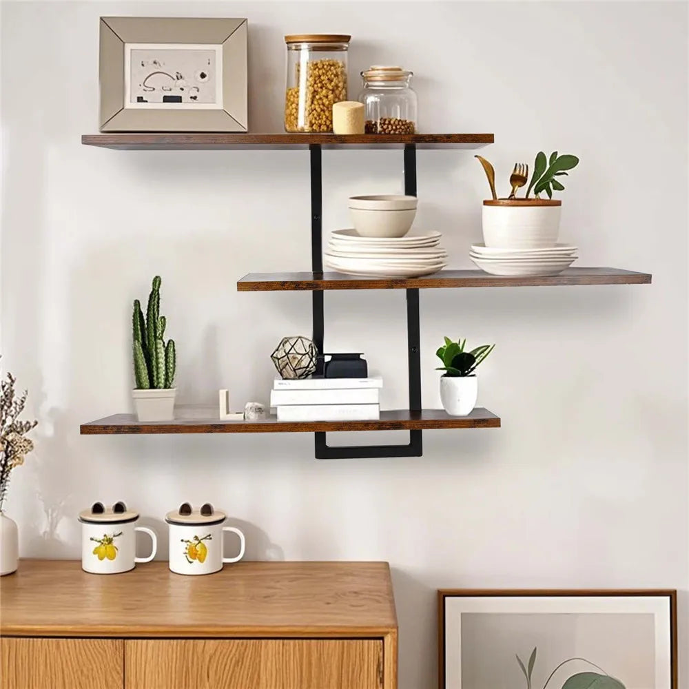 Retro Wooden Wall Shelves 3-tier Floating Shelf for Plants Decor Home Living Room Kitchen Bedroom Wall Mounted Display Rack